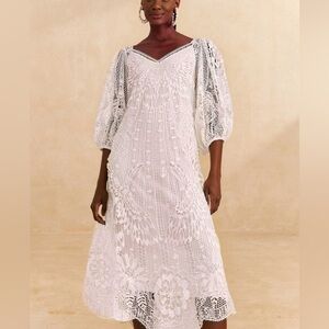 Farm Rio White Guipure Midi Dress Size XS Resort wear Lace Dress Vacation